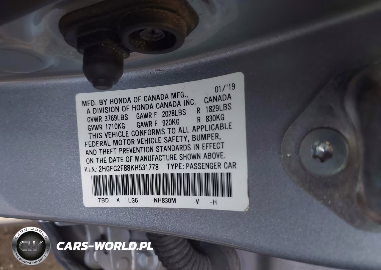 2019 Honda Civic Sport VIN:2HGFC2F88KH531778 - 9