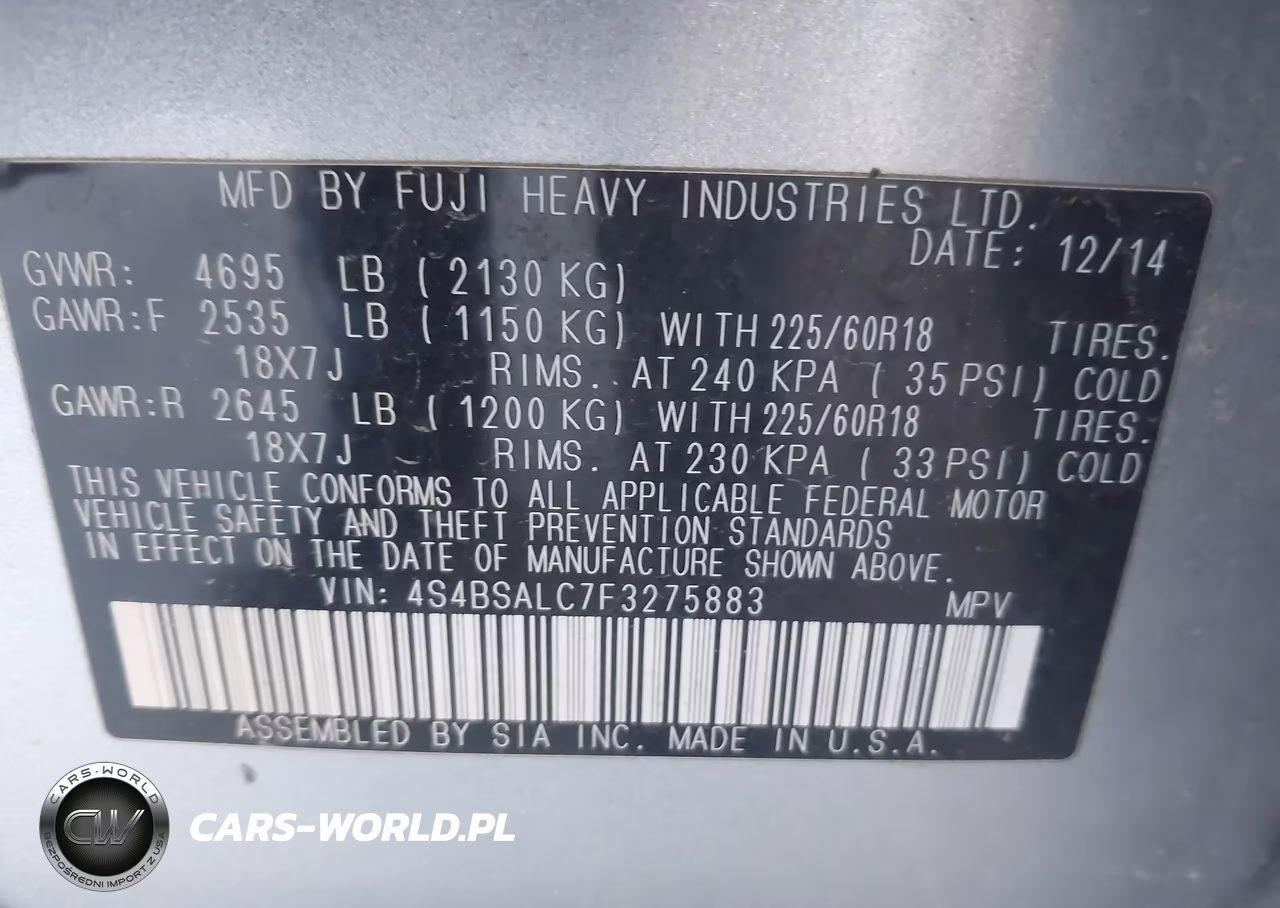 2015 Subaru Outback 2.5I Limited VIN:4S4BSALC7F3275883 - 9