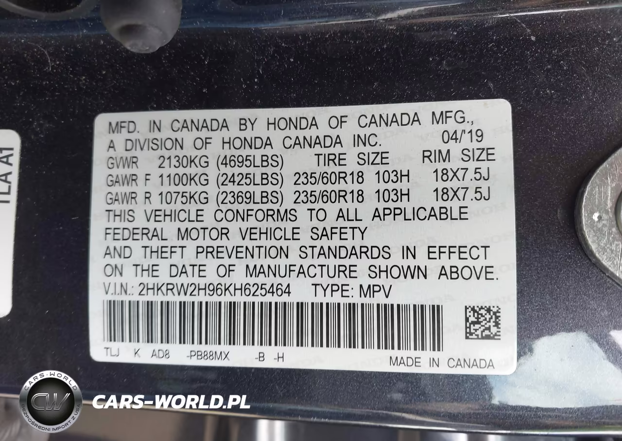 2019 Honda Cr-V Touring VIN:2HKRW2H96KH625464 - 9