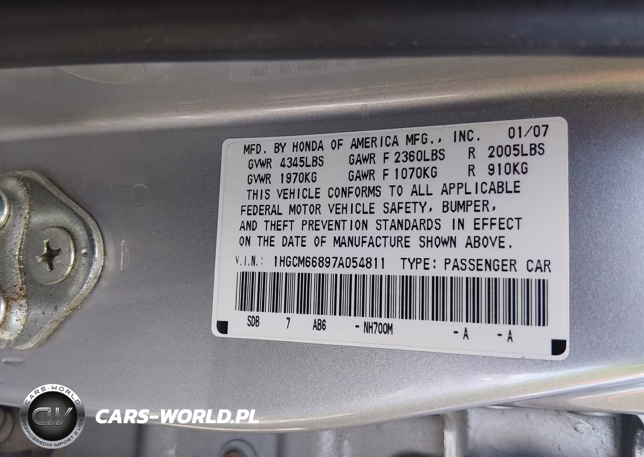 2007 Honda Accord 3.0 Ex VIN:1HGCM66897A054811 - 9