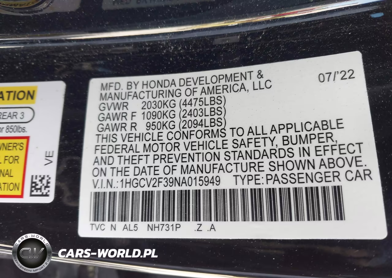 2022 Honda Accord Sport 2.0T VIN:1HGCV2F39NA015949 - 9