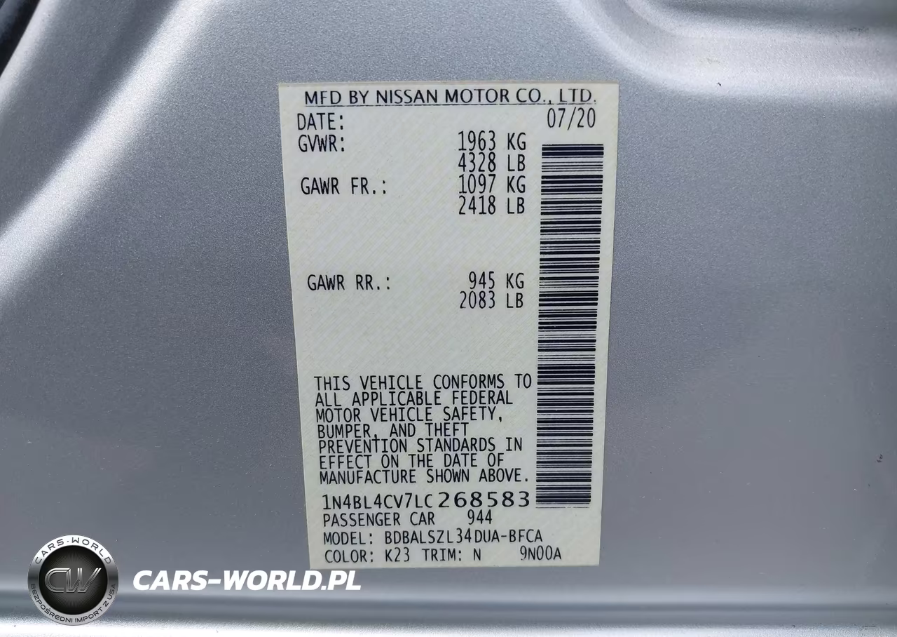 2020 Nissan Altima Sr Fwd VIN:1N4BL4CV7LC268583 - 9