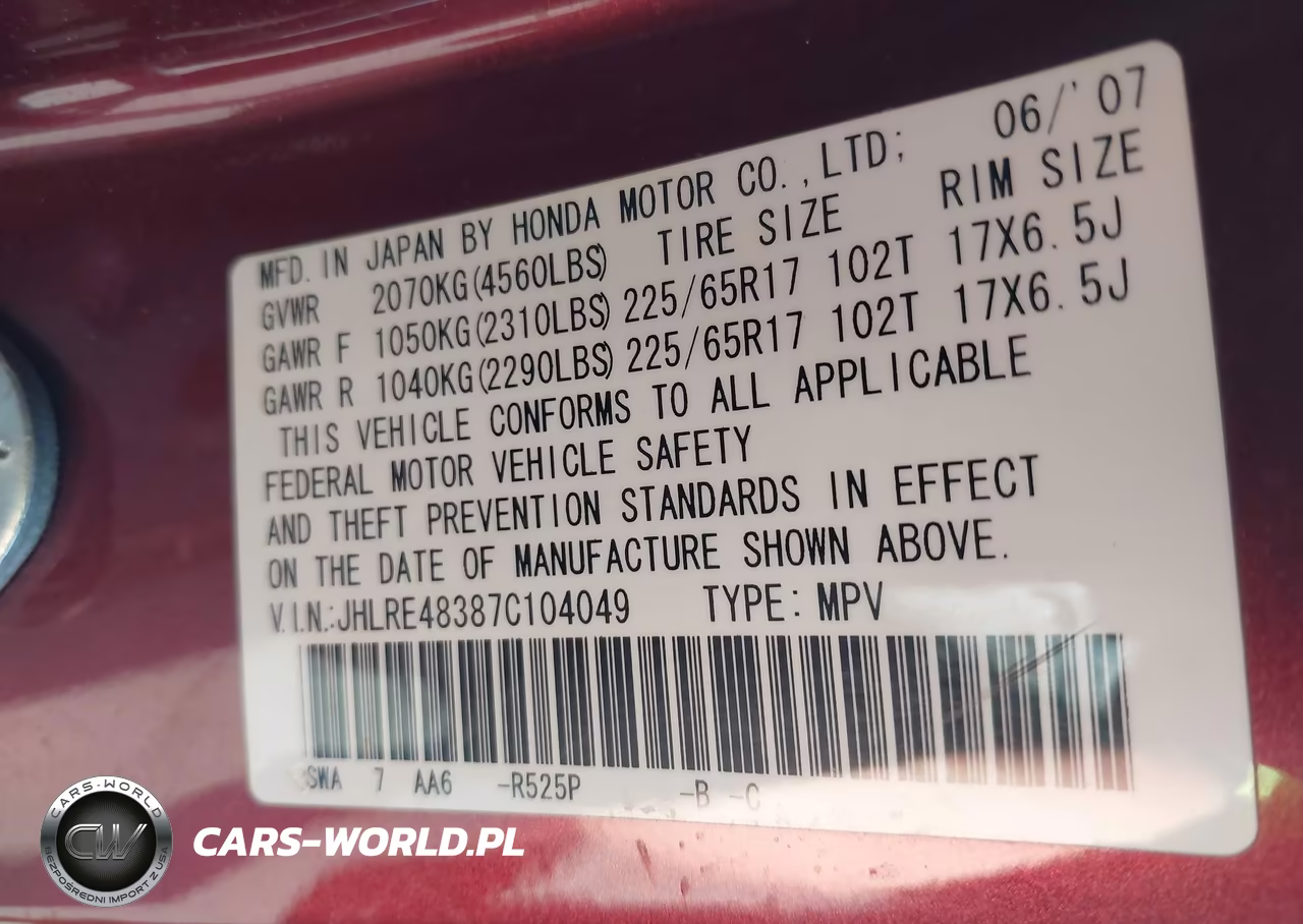 2007 Honda Cr-V Lx VIN:JHLRE48387C104049 - 9