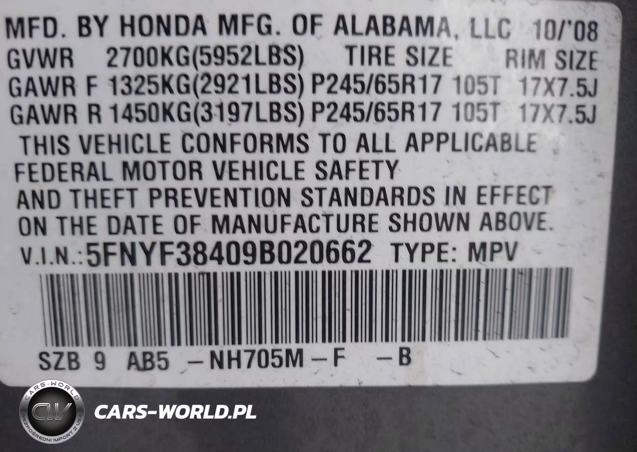 2009 Honda Pilot Ex VIN:5FNYF38409B020662 - 9
