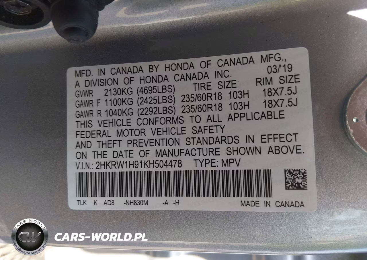 2019 Honda Cr-V Touring VIN:2HKRW1H91KH504478 - 9