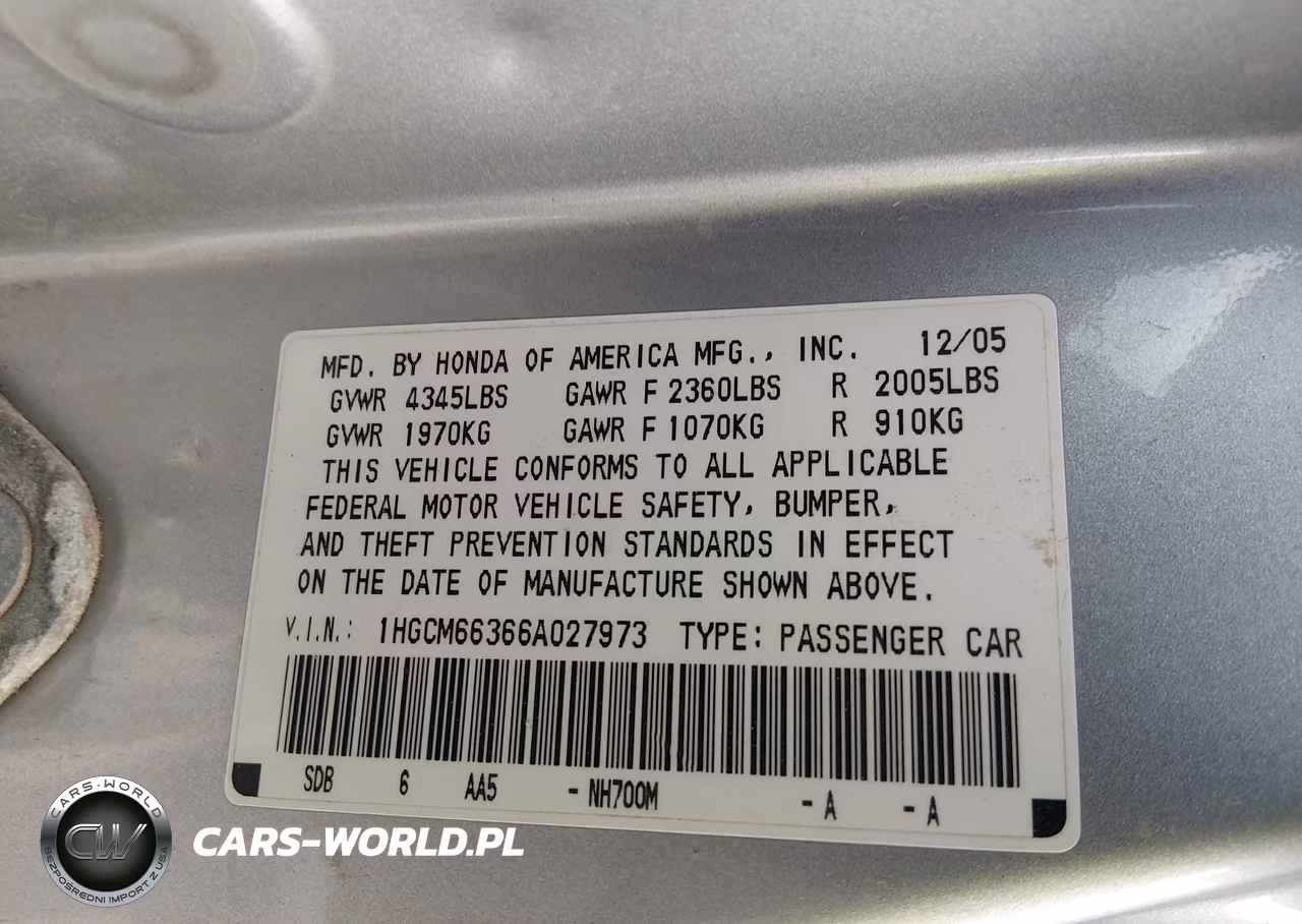 2006 Honda Accord 3.0 Lx VIN:1HGCM66366A027973 - 9