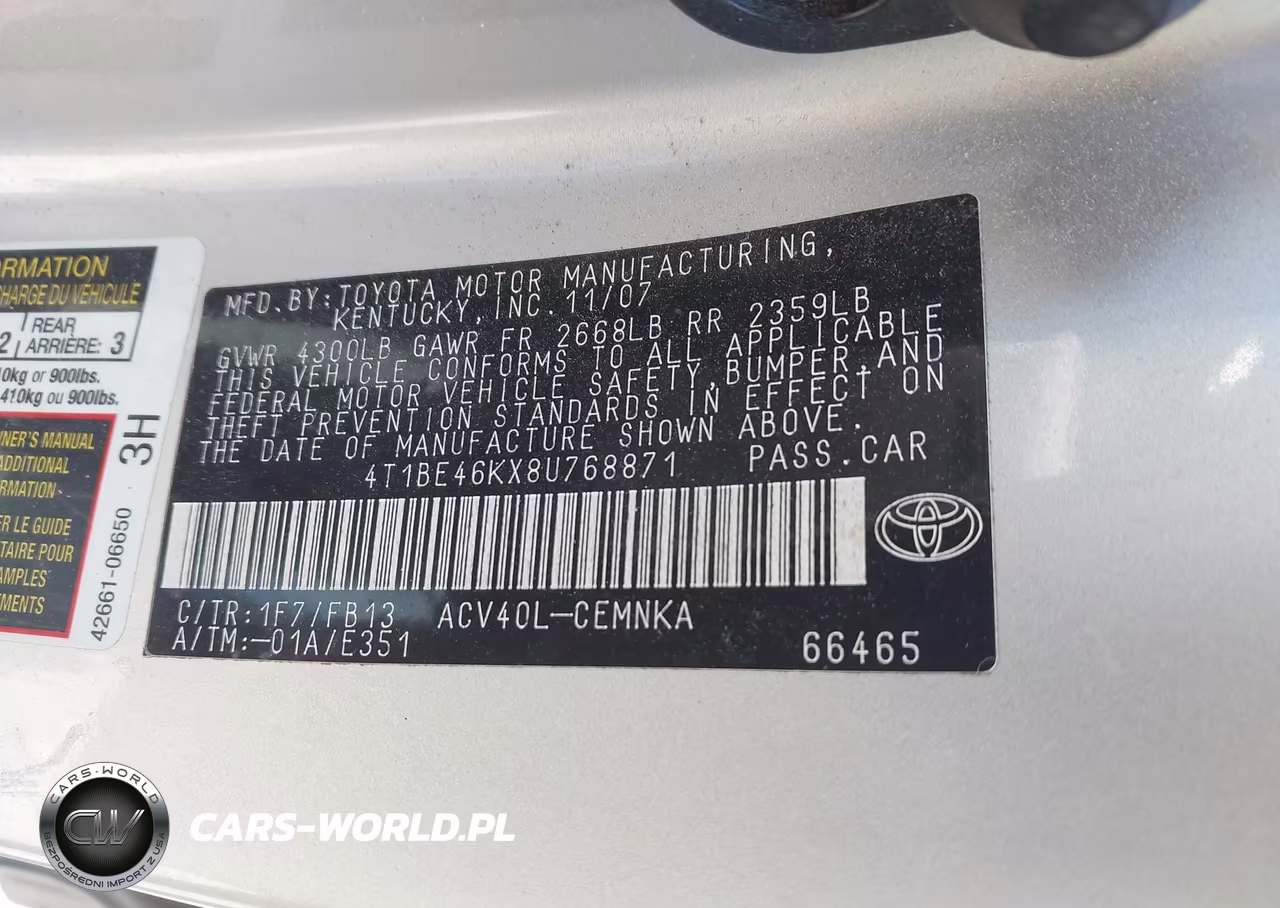 2008 Toyota Camry VIN:4T1BE46KX8U768871 - 9