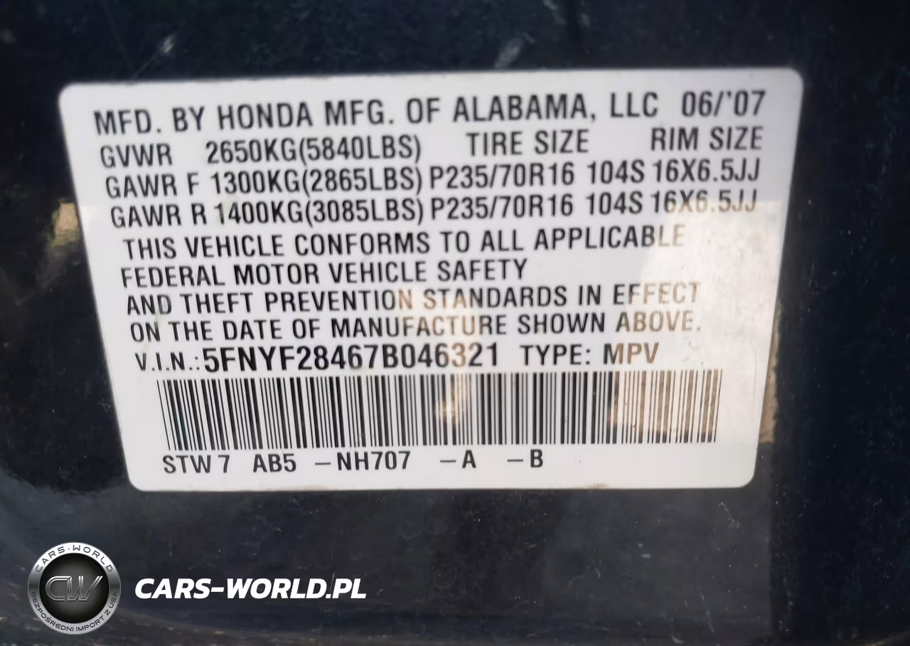 2007 Honda Pilot Ex VIN:5FNYF28467B046321 - 9