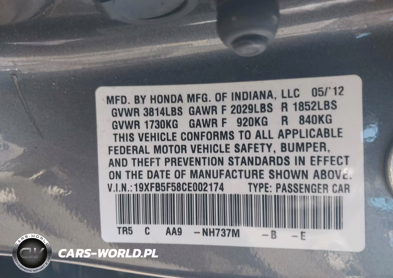 HONDA CIVIC NATU VIN:19XFB5F58CE002174 - 9