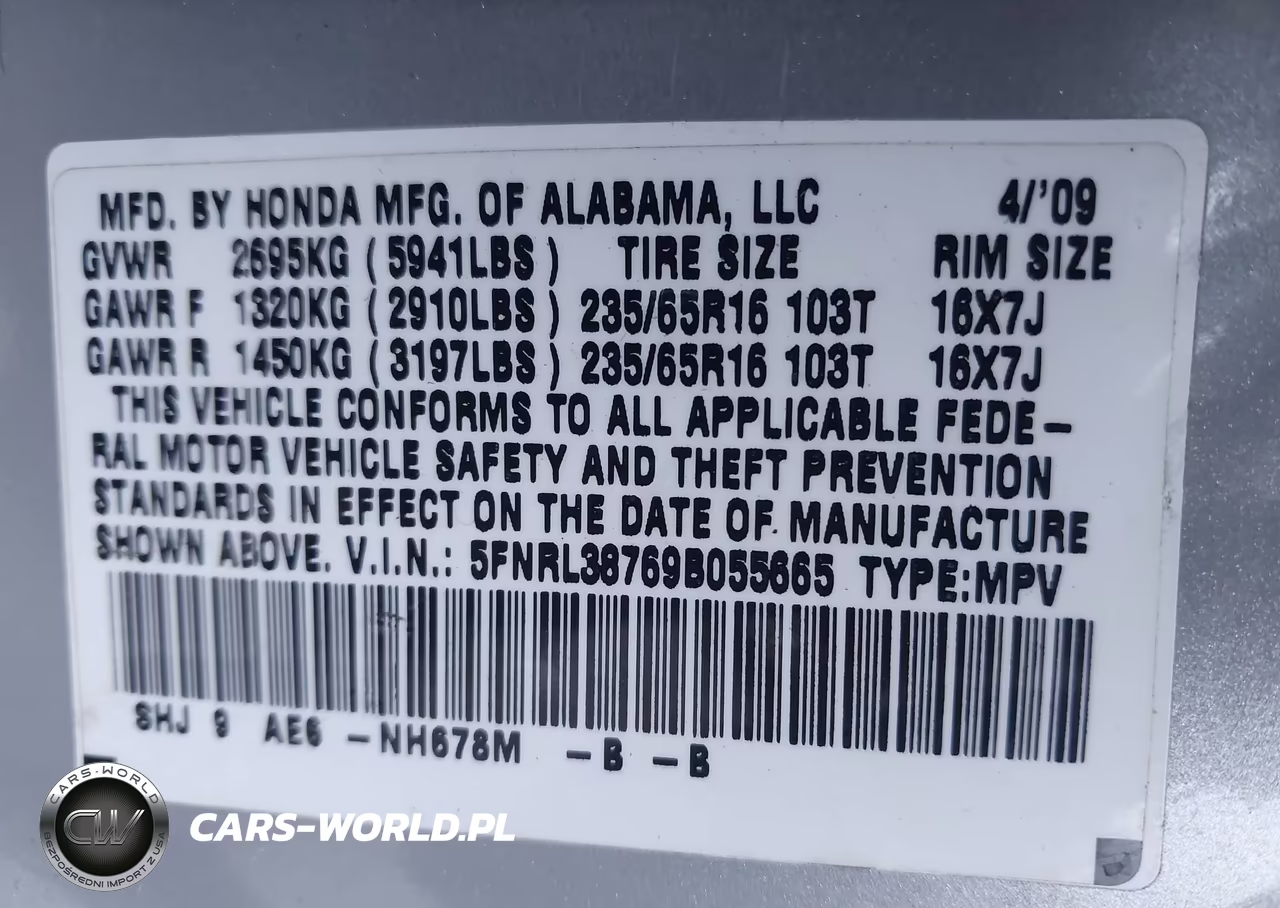 2009 Honda Odyssey Ex-L VIN:5FNRL38769B055665 - 9