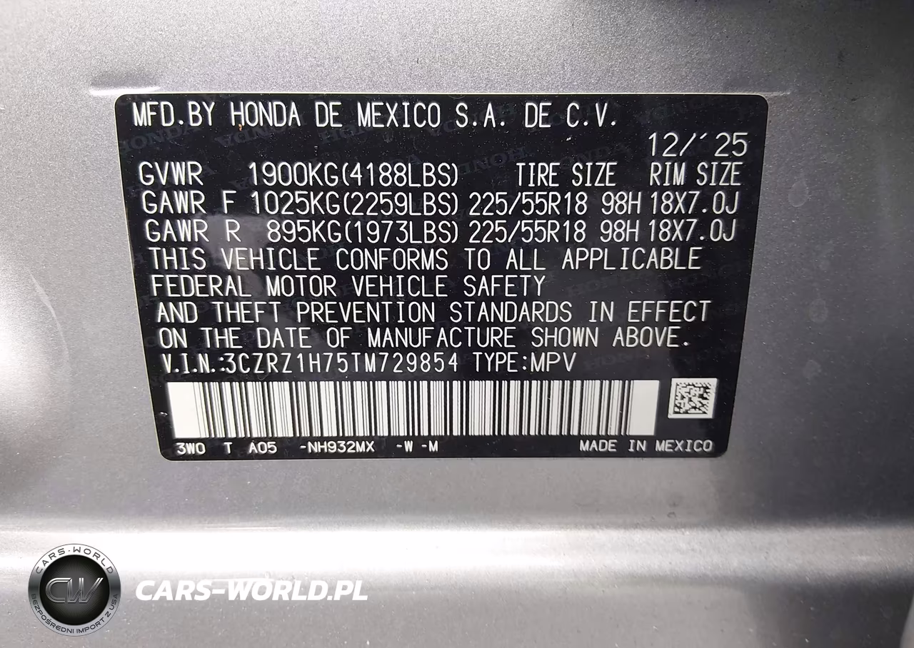 2026 Honda Hr-V 2Wd Ex-L VIN:3CZRZ1H75TM729854 - 9