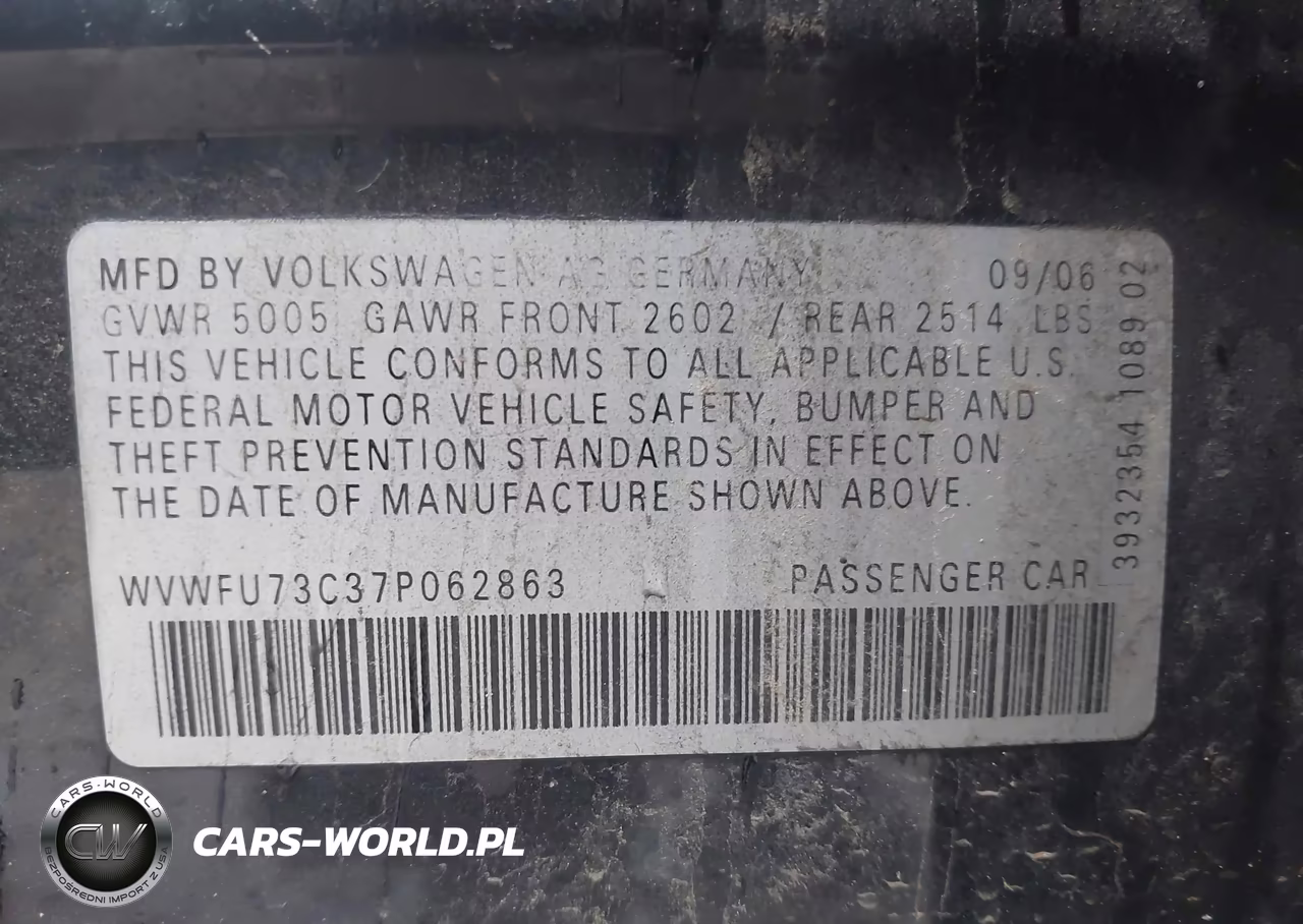 2007 Volkswagen Passat 3.6 VIN:WVWFU73C37P062863 - 9