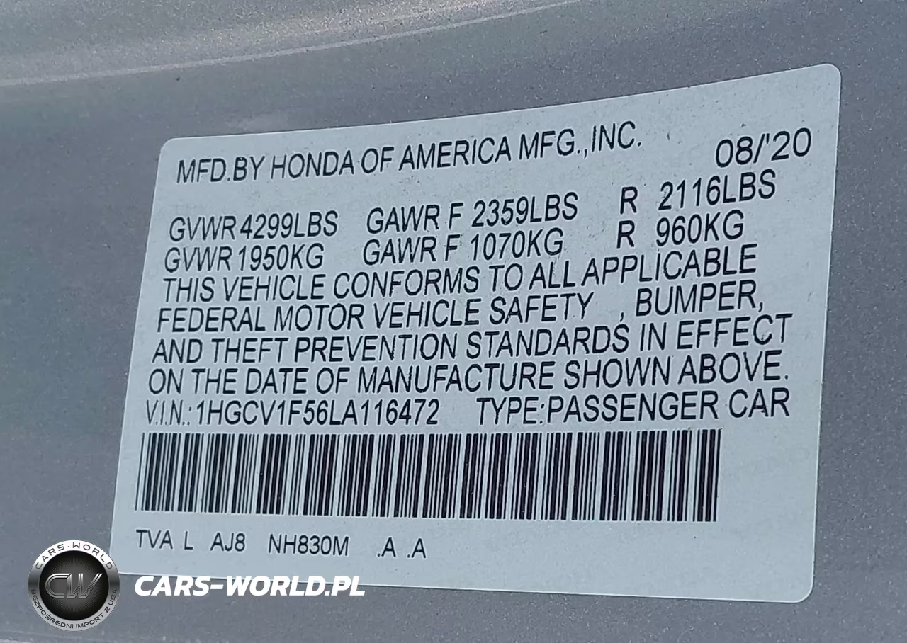 2020 Honda Accord Ex-L VIN:1HGCV1F56LA116472 - 9
