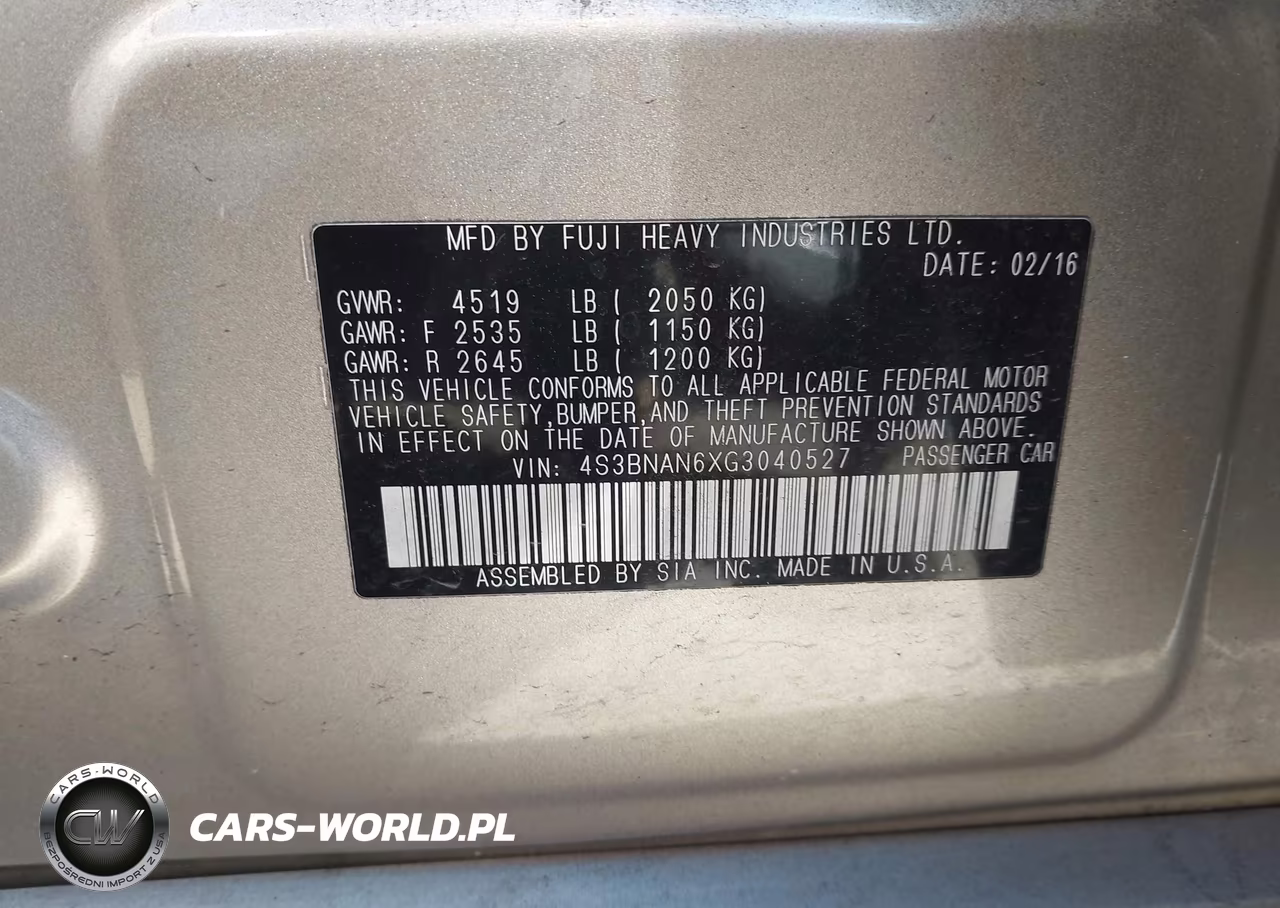 2016 Subaru Legacy 2.5I Limited VIN:4S3BNAN6XG3040527 - 9