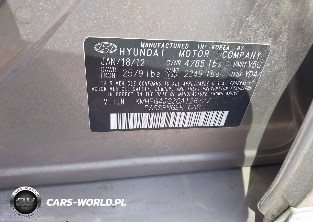 2012 Hyundai Azera VIN:KMHFG4JG3CA126727 - 9