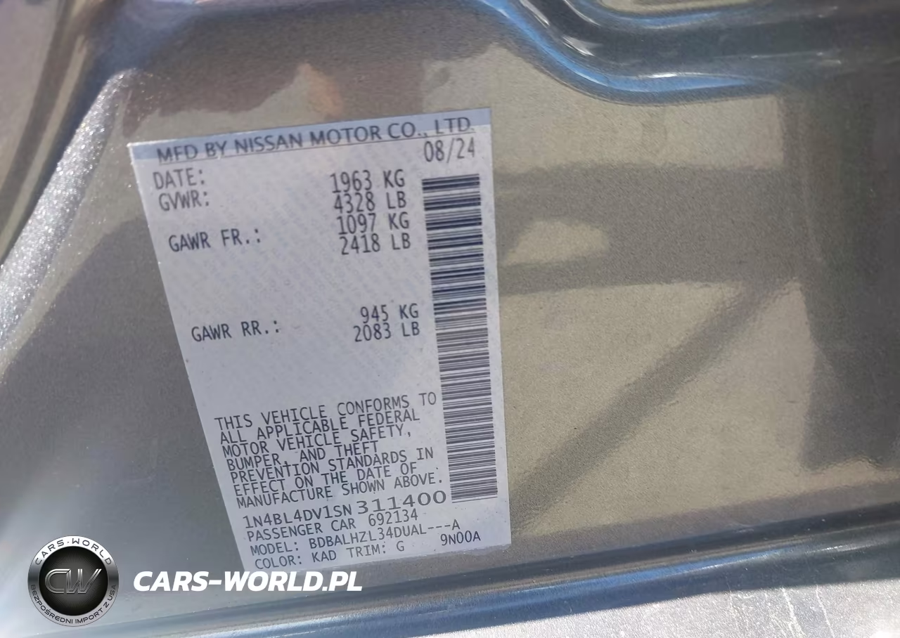 2025 Nissan Altima Sv Fwd VIN:1N4BL4DV1SN311400 - 9