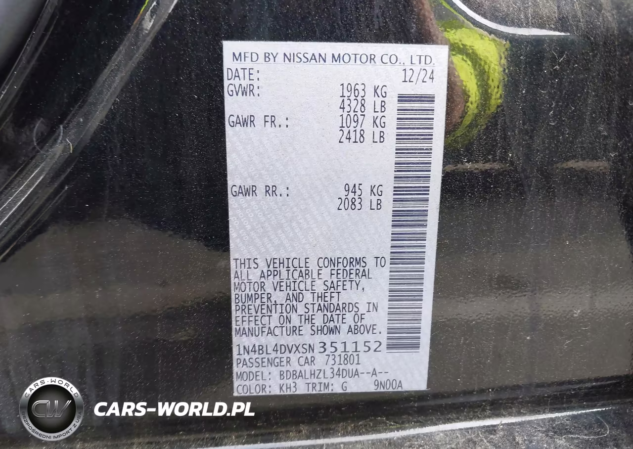 2025 Nissan Altima Sv Fwd VIN:1N4BL4DVXSN351152 - 9