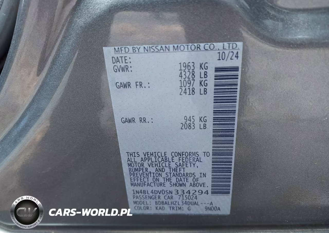 2025 Nissan Altima Sv Fwd VIN:1N4BL4DV0SN334294 - 9
