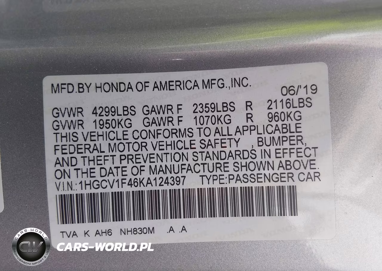 2019 Honda Accord Ex VIN:1HGCV1F46KA124397 - 9