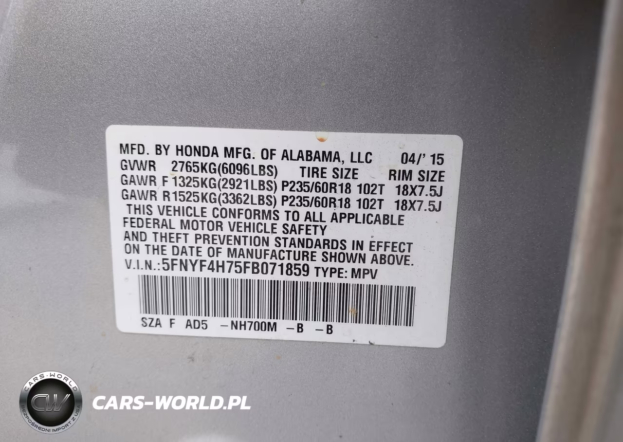 2015 Honda Pilot Ex-L VIN:5FNYF4H75FB071859 - 9