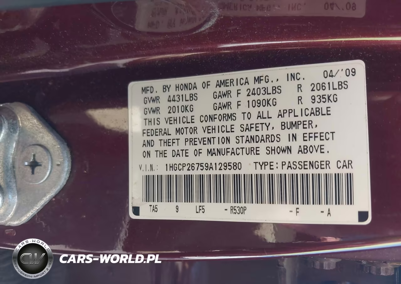 HONDA ACCORD EX VIN:1HGCP26759A129580 - 9