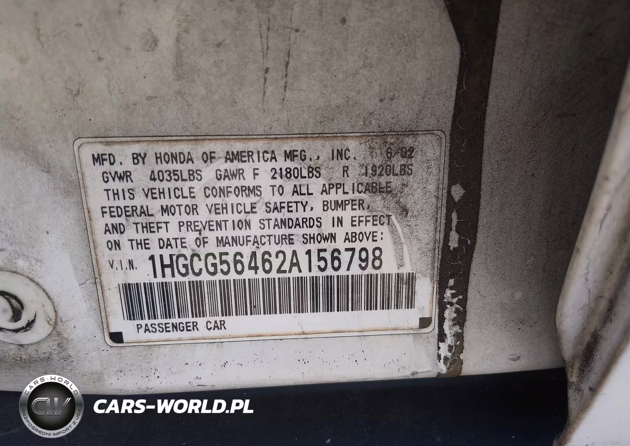 2002 Honda Accord 2.3 Lx VIN:1HGCG56462A156798 - 9