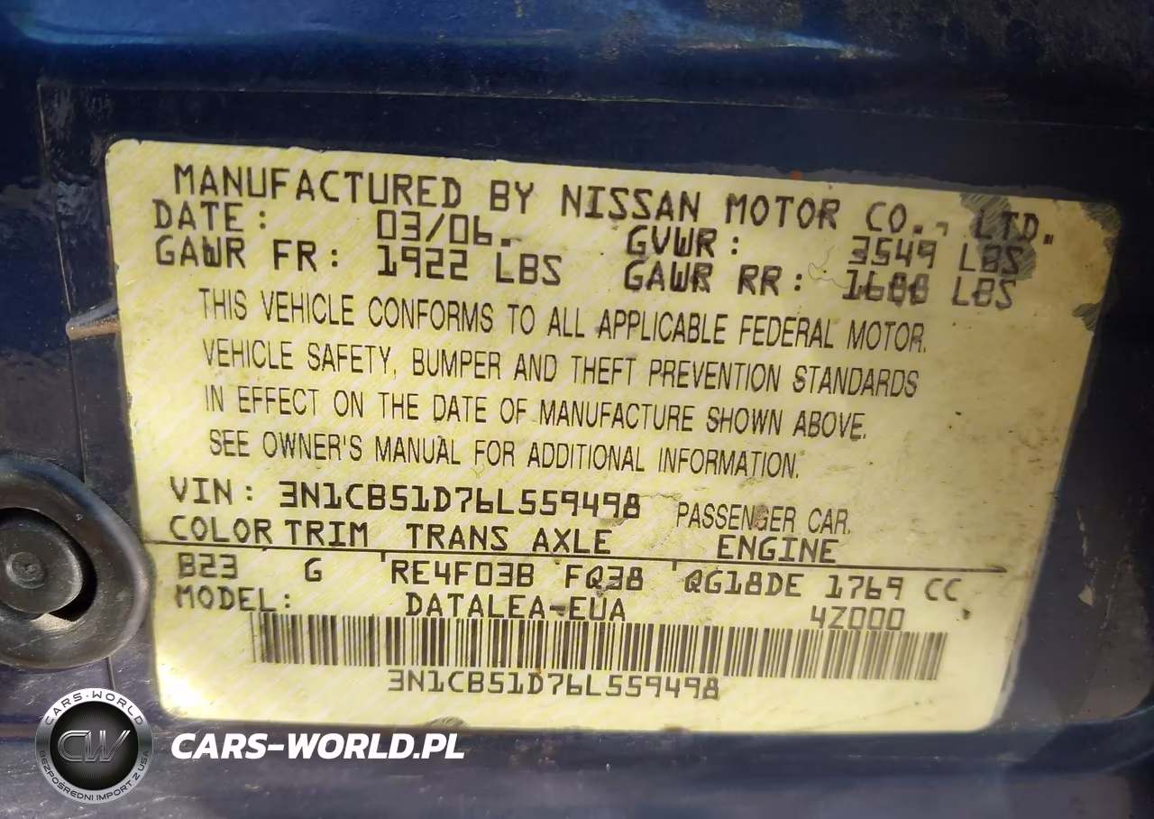 2006 Nissan Sentra 1.8S VIN:3N1CB51D76L559498 - 9