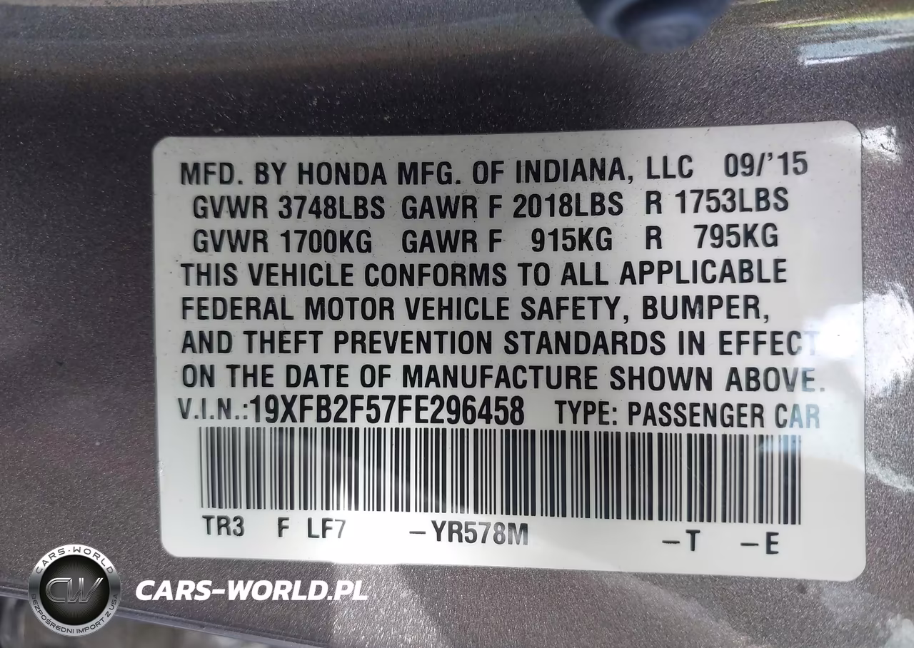 2015 Honda Civic Lx VIN:19XFB2F57FE296458 - 9