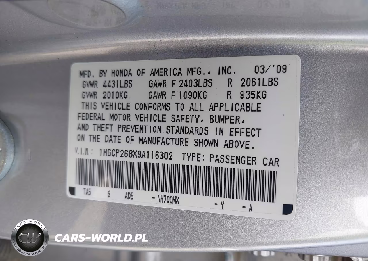 2009 Honda Accord 2.4 Ex-L VIN:1HGCP268X9A116302 - 9