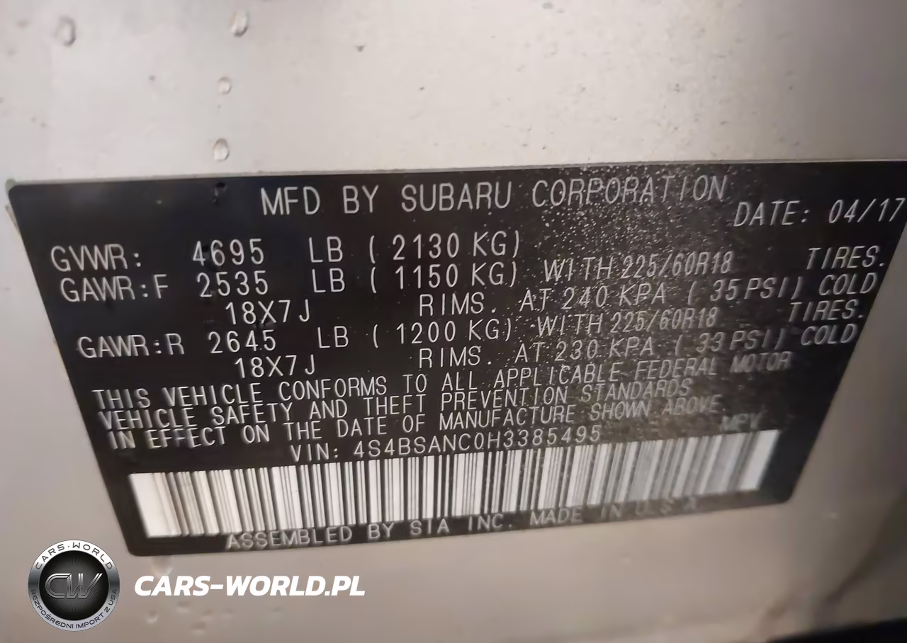 2017 Subaru Outback 2.5I Limited VIN:4S4BSANC0H3385495 - 9