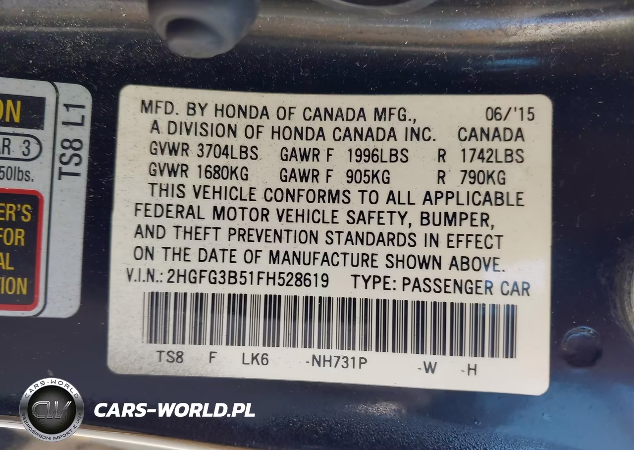 2015 Honda Civic Lx VIN:2HGFG3B51FH528619 - 9