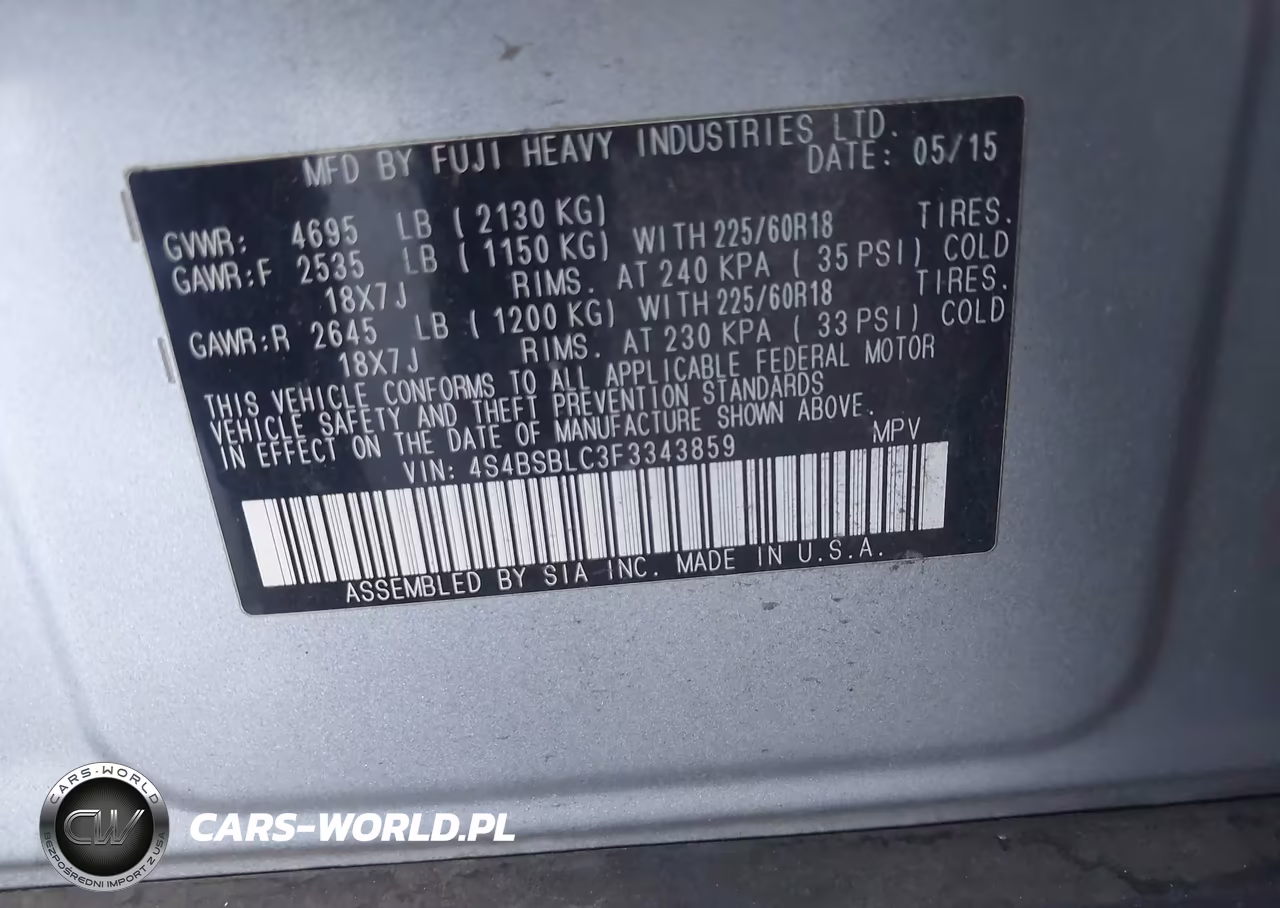 2015 Subaru Outback 2.5I Limited VIN:4S4BSBLC3F3343859 - 9