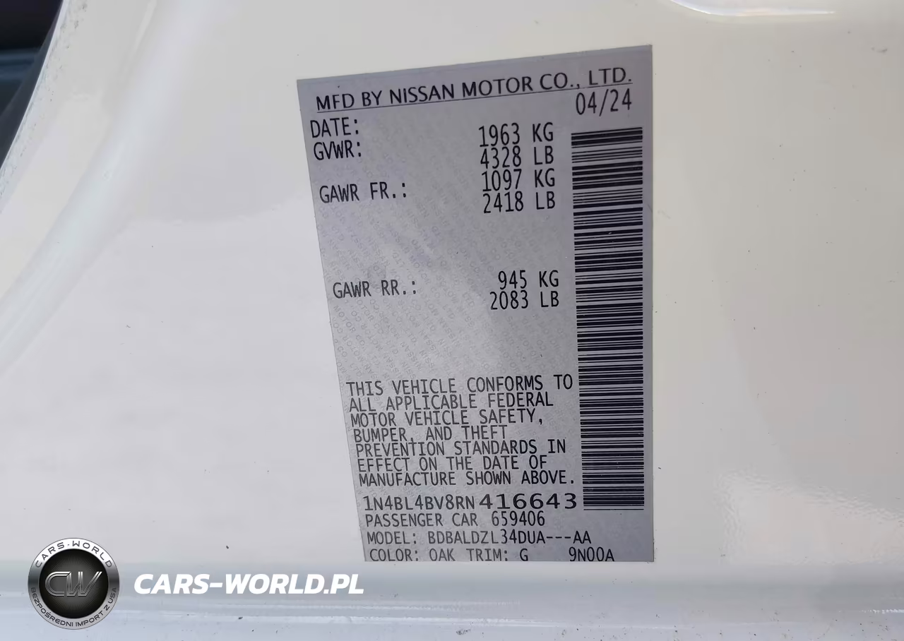 2024 Nissan Altima S Fwd VIN:1N4BL4BV8RN416643 - 9