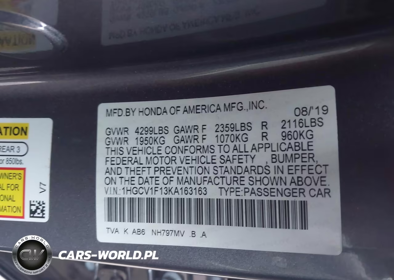 2019 Honda Accord Lx VIN:1HGCV1F13KA163163 - 9