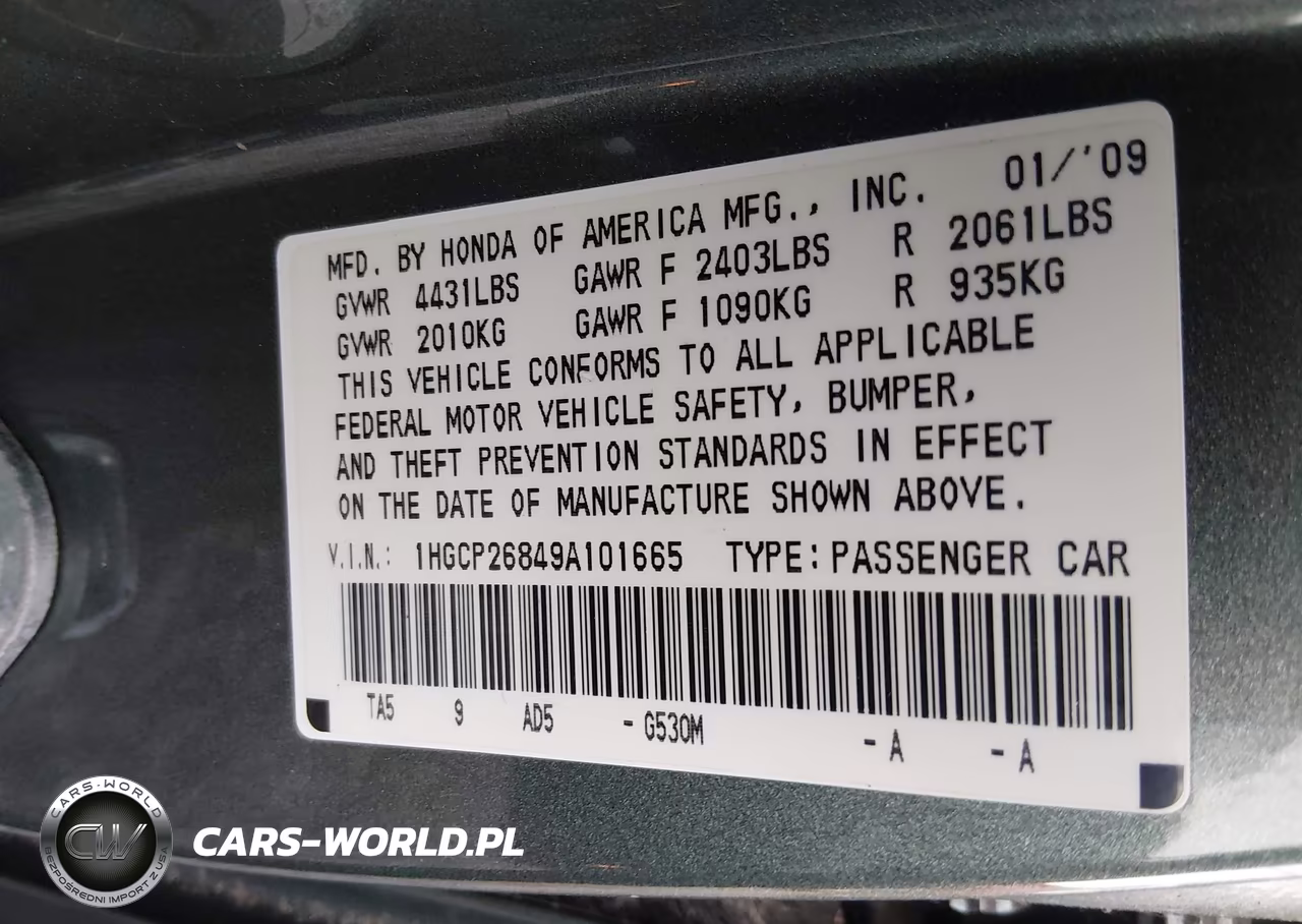 2009 Honda Accord 2.4 Ex-L VIN:1HGCP26849A101665 - 9