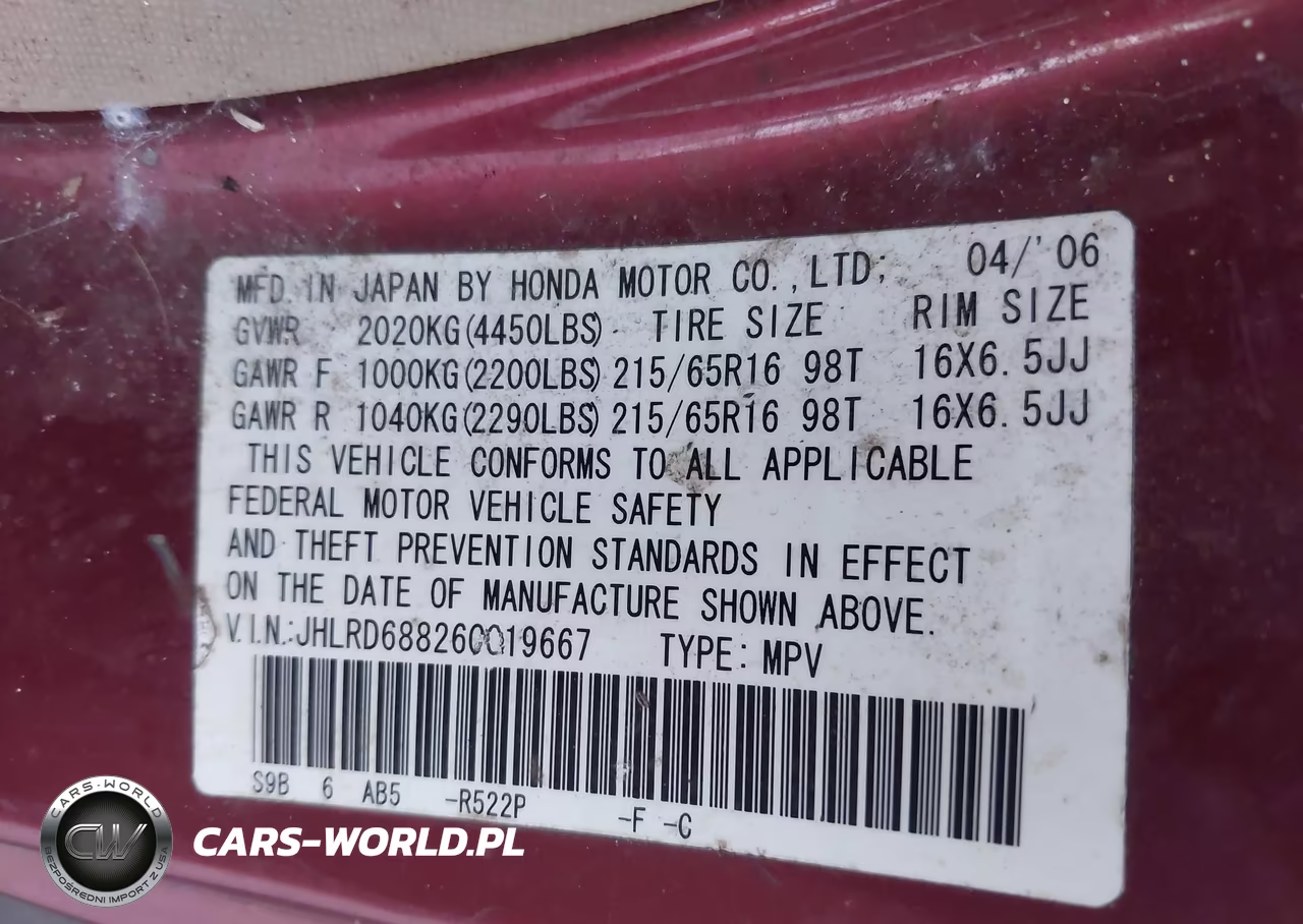2006 Honda Cr-V Ex VIN:JHLRD68826C019667 - 9
