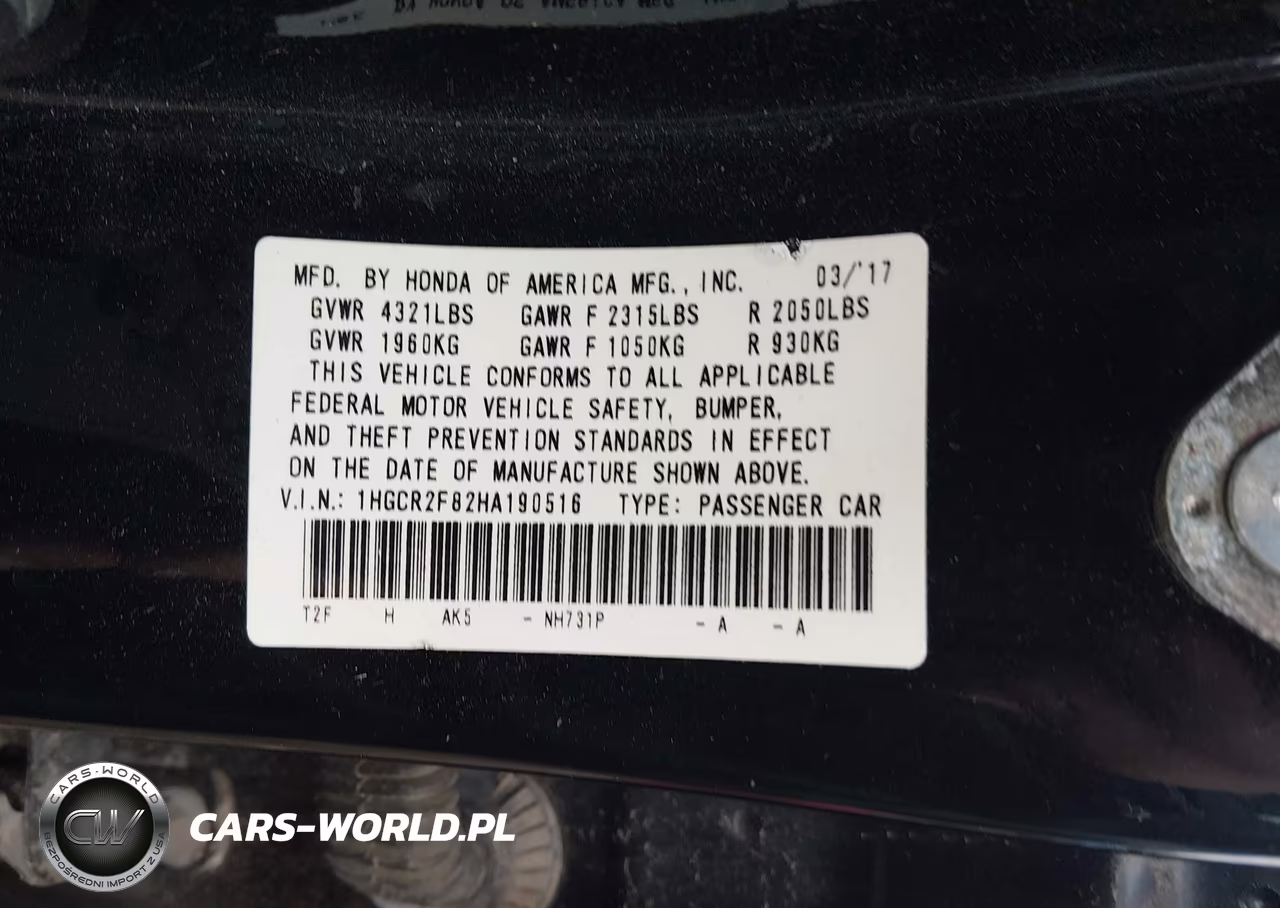 2017 Honda Accord Ex-L VIN:1HGCR2F82HA190516 - 9