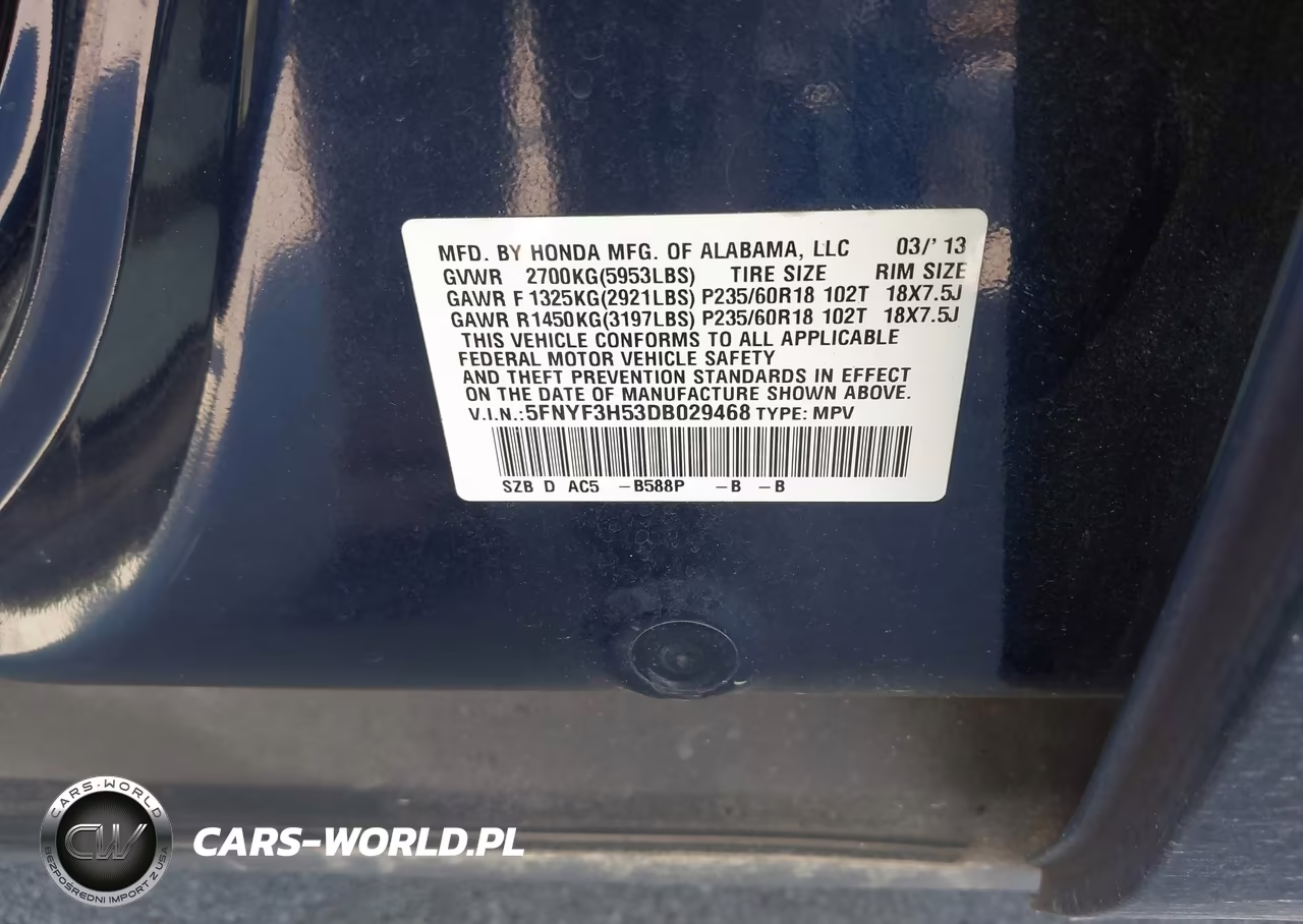 2013 Honda Pilot Ex-L VIN:5FNYF3H53DB029468 - 9