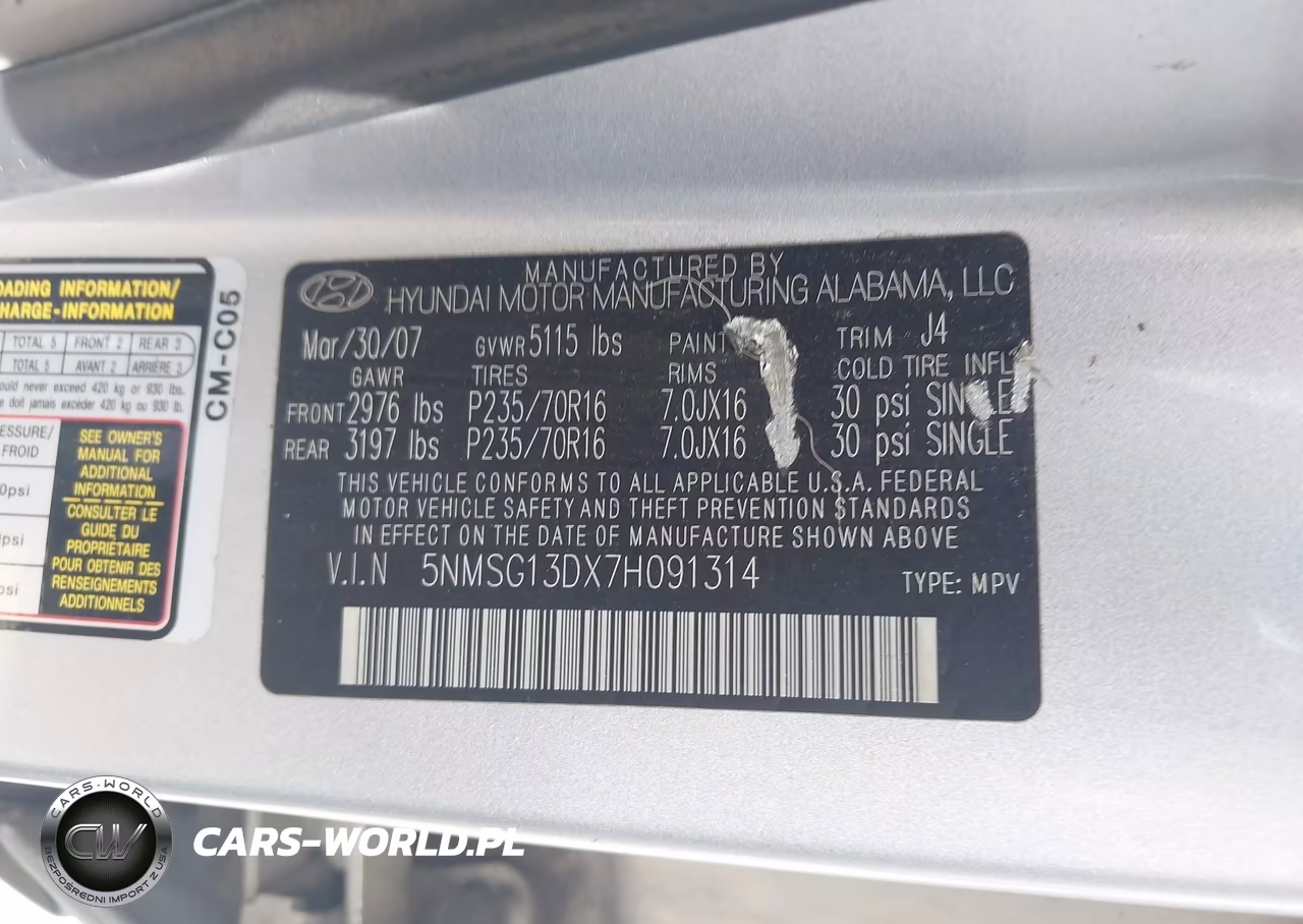 2007 Hyundai Santa Fe Gls VIN:5NMSG13DX7H091314 - 9