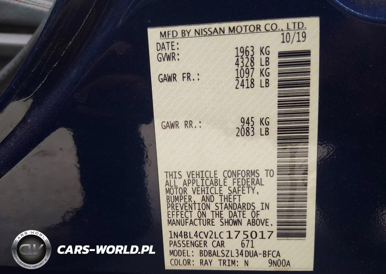 2020 Nissan Altima Sr Fwd VIN:1N4BL4CV2LC175017 - 9