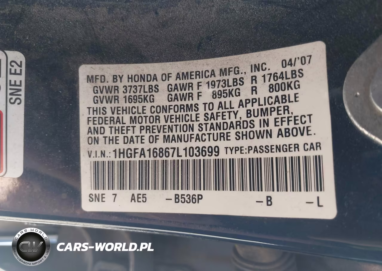 2007 Honda Civic Ex VIN:1HGFA16867L103699 - 9