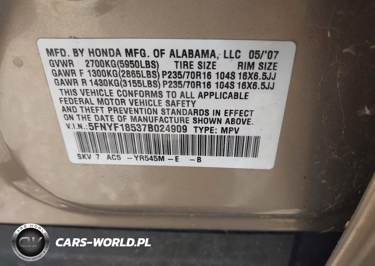 2007 Honda Pilot Ex-L VIN:5FNYF18537B024909 - 9
