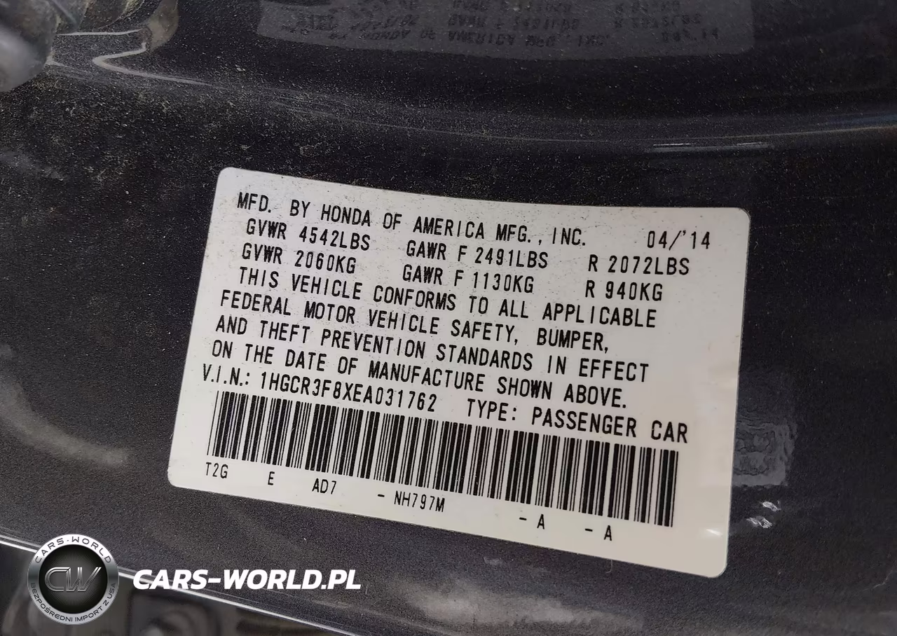 2014 Honda Accord Ex-L V-6 VIN:1HGCR3F8XEA031762 - 9