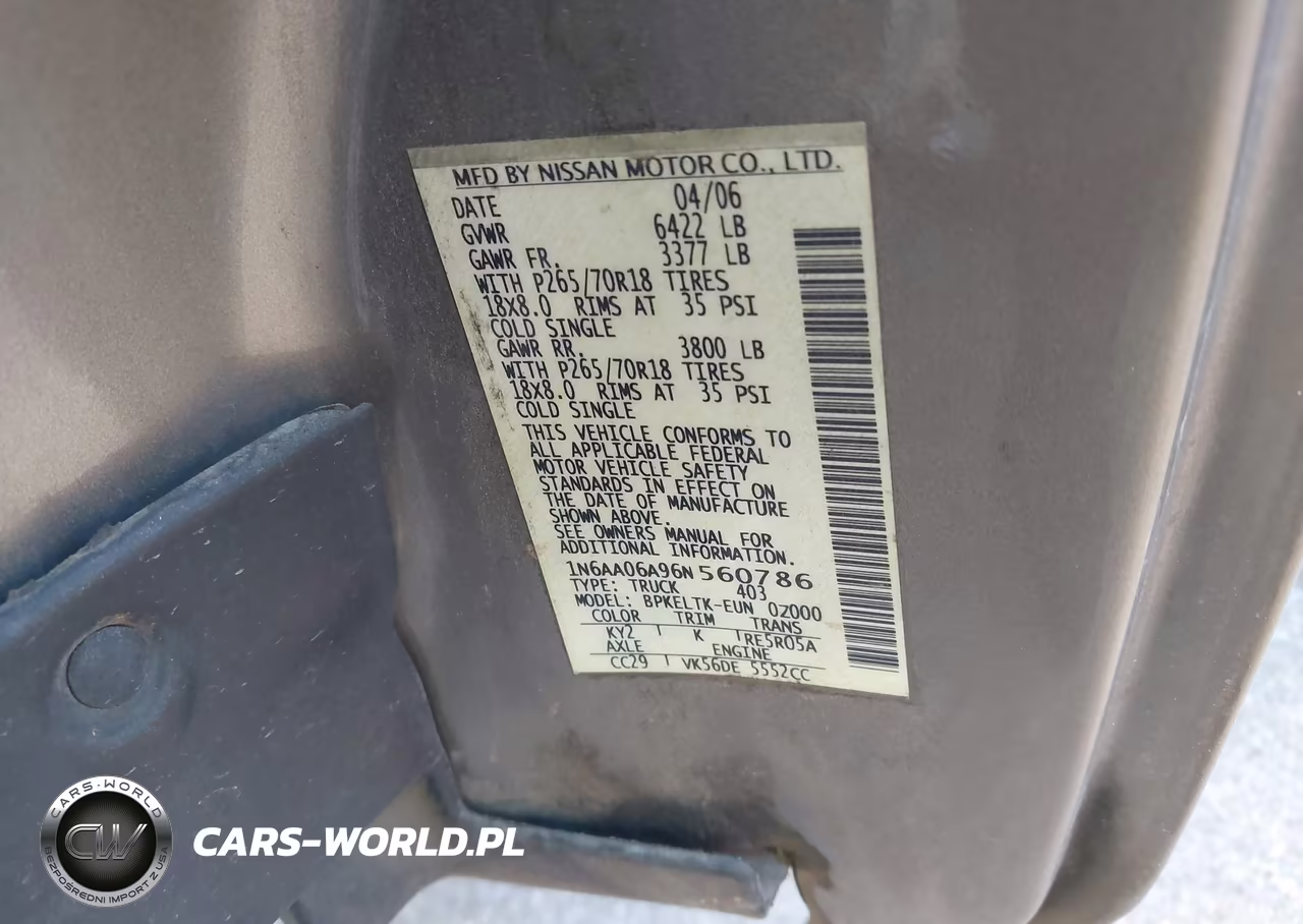 2006 Nissan Titan Se VIN:1N6AA06A96N560786 - 9