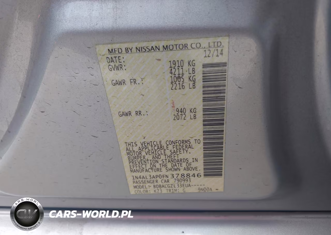 2015 Nissan Altima 2.5-2.5 S-2.5 Sl-2.5 Sv VIN:1N4AL3AP0FN378846 - 9