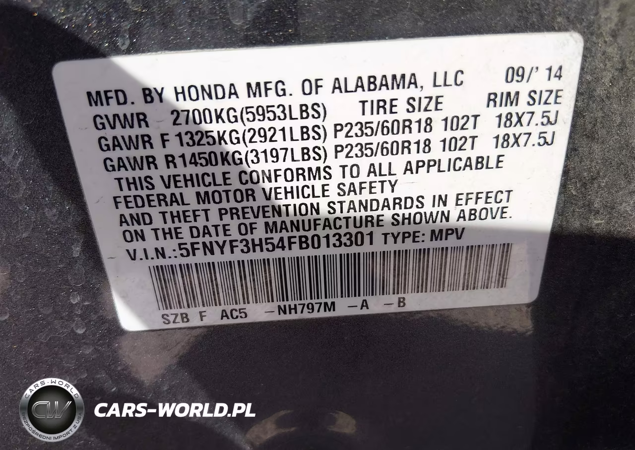 2015 Honda Pilot Ex-L VIN:5FNYF3H54FB013301 - 9