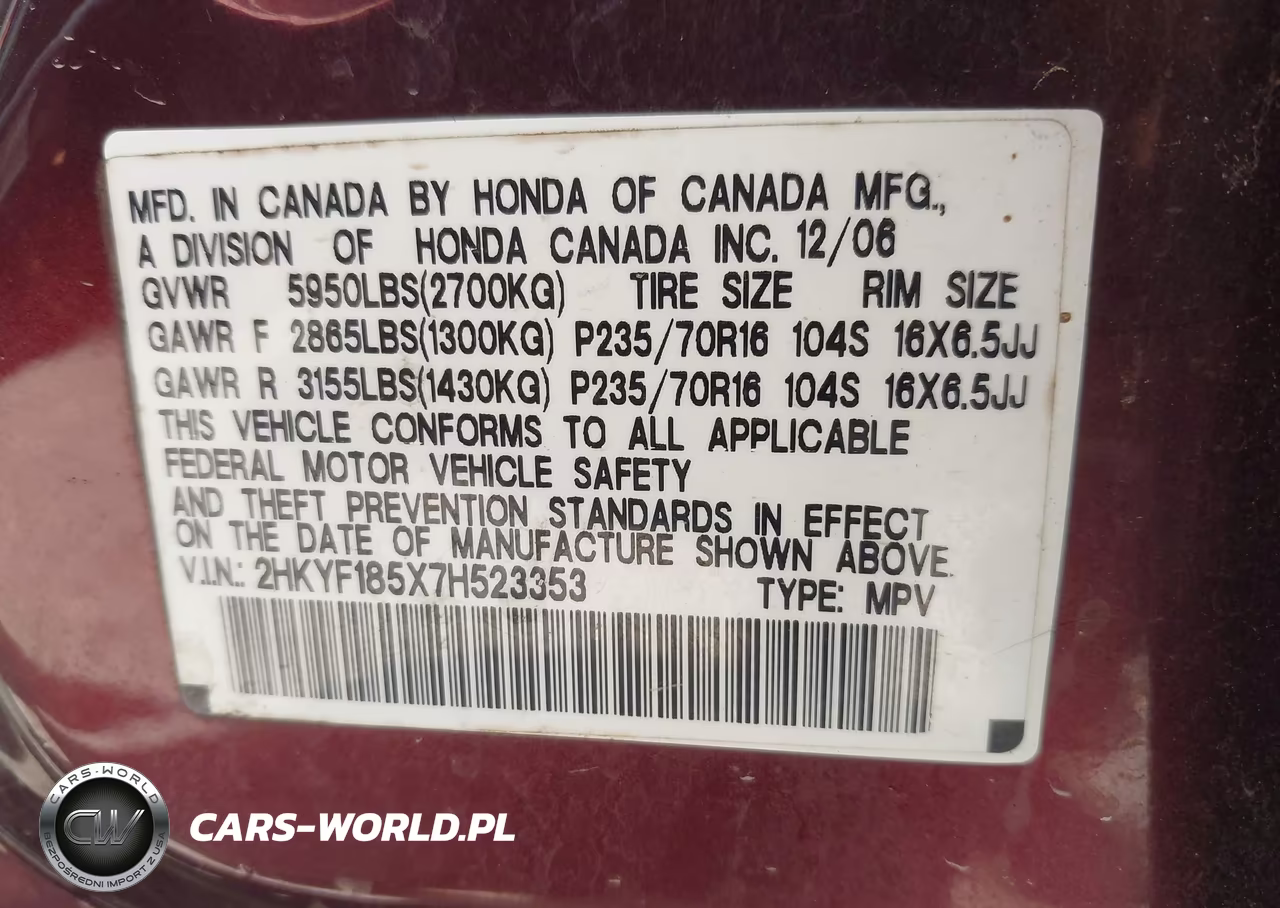 2007 Honda Pilot Ex-L VIN:2HKYF185X7H523353 - 9