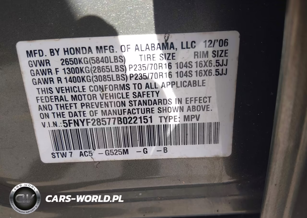 2007 Honda Pilot Ex-L VIN:5FNYF28577B022151 - 9