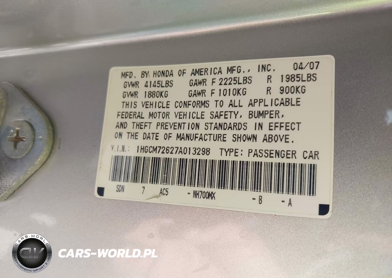 2007 Honda Accord 2.4 Ex VIN:1HGCM72627A013298 - 9