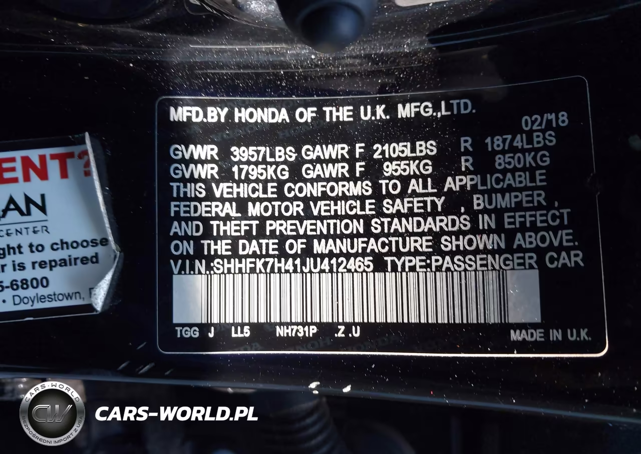 2018 Honda Civic Sport VIN:SHHFK7H41JU412467 - 9